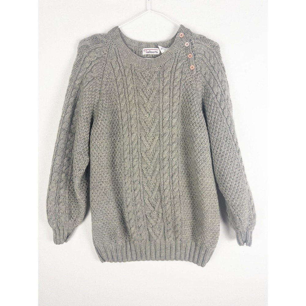 Talbots Womens M Gray 100% Wool Cable Knit Fisherman Sweater Button Shoulder